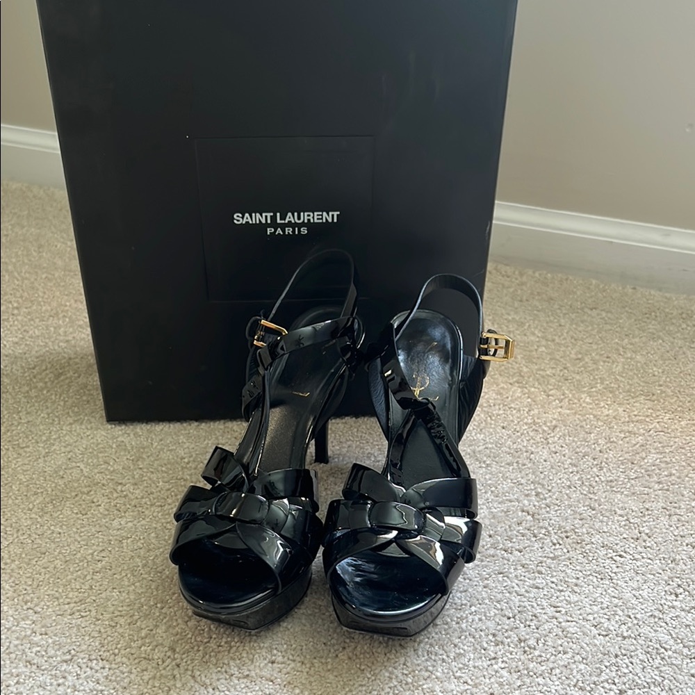 Saint Laurent Tribute Patent Platform Sandal with Strappy Design